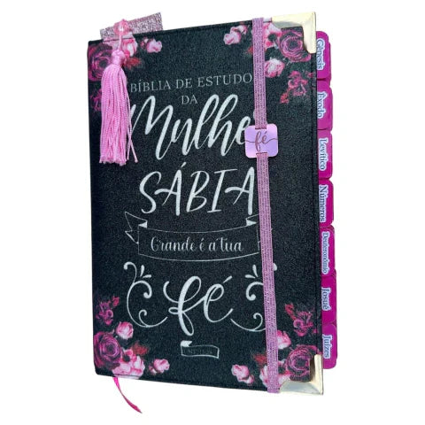 Bíblia da Mulher Sábia 100% Glitter Preta com Abas, Elástico e Marca-Páginas